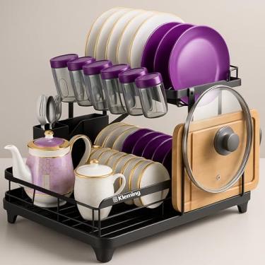 Imagem de KLEMING| Escorredor de Louças de Aço Carbono Inoxidável, Resistente à Ferrugem, Escorredor de Pratos Multifuncional para Bancada de Cozinha com Bandeja Drenagem automática, Antiderrapante, Preto.