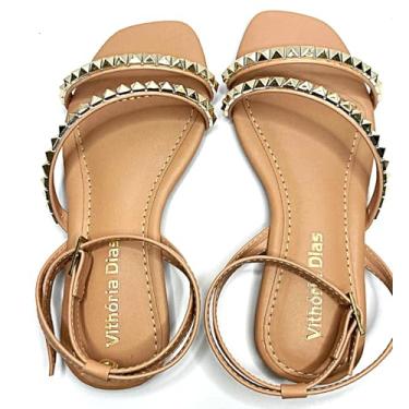 Imagem de Sandália Feminina Victoria Dias, Nude com Tachas Douradas, Tiras Finas, Rasteira