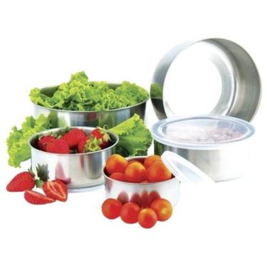 Imagem de Pote Tigelas Vasilha Aço Inox Com Tampa Silicone Resistente Kit 5 Peça