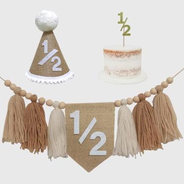 Imagem de Boho Decorações de Meio Aniversário Neutro Byrlap 1/2 Faixa de Cadeira Alta com Chapéu Cone para 6 Meses Roupa de Meio Aniversário Decorações de Bebê Menino