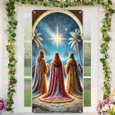 Imagem de BlissYard Capa para porta de Natal, três homens sábios, 89 x 188 cm, estrela de presépio para festas de fim de ano, fundo de cabine de fotos festiva para portas da frente, faixa de tecido de poliéster