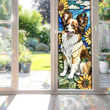 Imagem de Papillon Película de vitral de girassol, película decorativa para janela de vitral de girassol Papillon, película de vitral de cachorro para aquecimento de porta de banheiro, antiUV