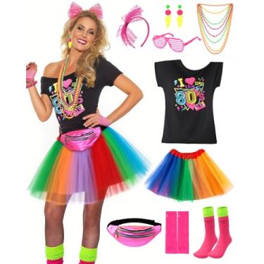 Imagem de CEELGON Roupa feminina anos 80, acessórios dos anos 80, fantasia, estilo 1980, roupa social, camiseta néon, saia tutu meias, Multi, M