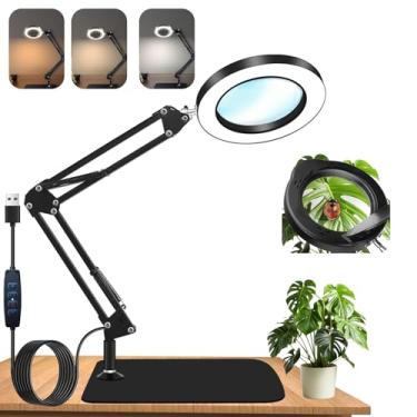 Imagem de Luminária LED de Mesa com Lupa e Anel Iluminado - Braço Ajustável, Controle de Intensidade e Garra (Preta) para Streaming/Make