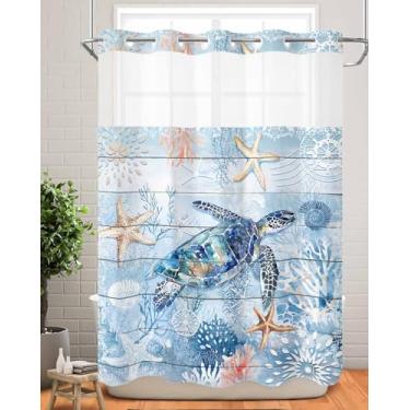 Imagem de Cortina de chuveiro azul tartaruga sem gancho com forro de encaixe verão oceano praia estrela do mar tábua de madeira coral cortina de chuveiro para banheiro, forro interno de tecido impermeável