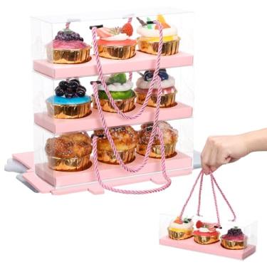 Imagem de EUSOAR Caixas de cupcake rosa, 10 peças de 23 x 7,6 x 7,6 cm, portátil, 3 compartimentos para muffins para cupcake, suporte de presente de pastelaria, porta-bolos, retangular, transparente