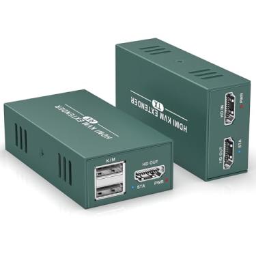 Imagem de Extensor HDMI sobre Cat6/7 KVM de até 50 m (165 pés) 1080P over Ethernet KVM Extender com função de saída, transmissor HDMI, receptor suporta teclado, mouse, função POC, fonte de alimentação