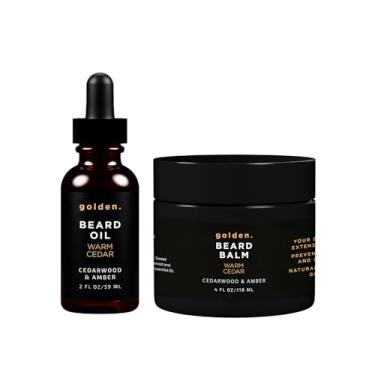 Imagem de Pacote de óleo e bálsamo para barba Golden Grooming para homens | Kit de crescimento natural com manteiga de karité | Bálsamo de 118 ml e óleo de 60 ml | Cedro quente