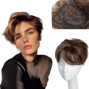 Imagem de LMXMGRG Toppers de cabelo curto para mulheres com queda de cabelo, castanho, com franja, presilhas, peças de cabelo para mulheres, Wiglets, cobertura superior coroa