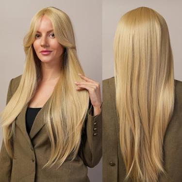 Imagem de Peruca loira reta de parte média, peruca loira longa com franja de parte média, para mulheres, fibras de cabelo sem cola realista, adequada para reuniões diárias, festas e vestimentas, 78 cm