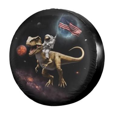 Imagem de Dujiea Capa de pneu sobressalente divertida de dinossauro patriótico, capa de pneu universal à prova d'água à prova de poeira para Jeep Trailer, RV, Van, SUV, caminhão, campista e muitos veículos 36,5 cm, 40,5 cm