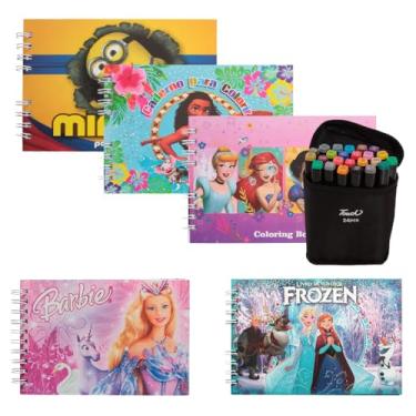Imagem de 5 Livros De Colorir Infantil Menina Desenho 24 Canetinhas