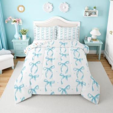 Imagem de Erosebridal Jogo de cama solteiro com laço azul fofo para meninas, conjunto de edredom com laço de fita kawaii, para decoração de quarto kawaii, com laço de princesa e laço azul, 1 fronha