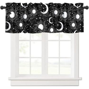 Imagem de BATPLY Cortinas de saia de fase da lua, moderno, minimalista, preto, branco, geométrico, sol, estrela, galáxia, padrão blackout, decoração de janela curta, tratamentos drapeados para quarto, sala de