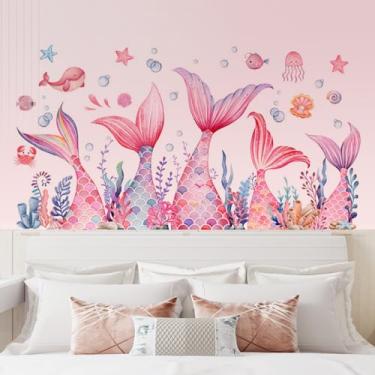 Imagem de Adesivos de parede cauda de sereia sob o mar peixe rosa decalques de parede descascar e colar decoração de parede para crianças banheiro quarto berçário meninas decoração