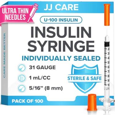 Imagem de JJ CARE Seringa De Insulina (Pacote Com 100) 1Cc/Ml 31G 5/16", Seringas U-100, Agulhas Ultrafinas Uso Único, Descartáveis E Estéreis Para Diabéticos, Embaladas Individualmente