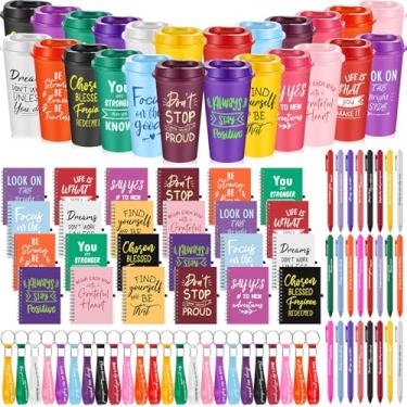 Imagem de Skylety Conjunto de 24 presentes inspiradores de Natal, copos de plástico inspiradores de 473 ml, mini cadernos espirais, canetas esferográficas, chaveiros, presentes motivacionais a granel para