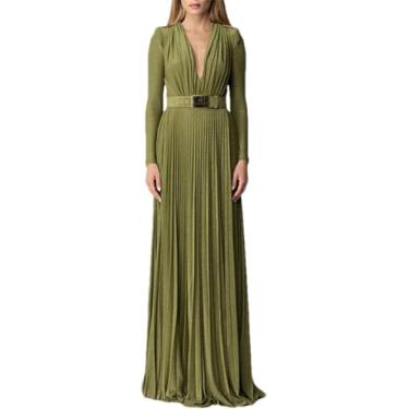 Imagem de Plissado Sólido Profundo Decote Em V Vestido De Noite Feminino Com Cinto Com Cinto De Manga Comprida Vestido De Baile, En8, XL