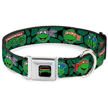 Imagem de Buckle-Down Coleira para cães com fivela de cinto de segurança – Caras de tartaruga clássica TMNT preta/verde tartaruga – 3,8 cm de largura – Serve para pescoço de 40,6 a 58,4 cm – Médio
