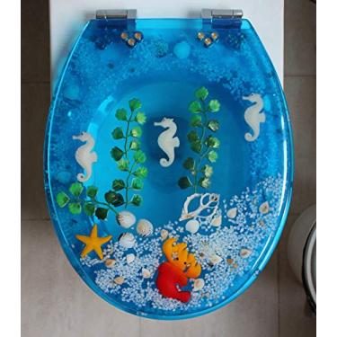 Imagem de Assentos Sanitários Confortáveis Transparentes Assento Sanitário de Resina Conjunto Universal Acessórios de Banheiro (Cavalo Marinho Azul)
