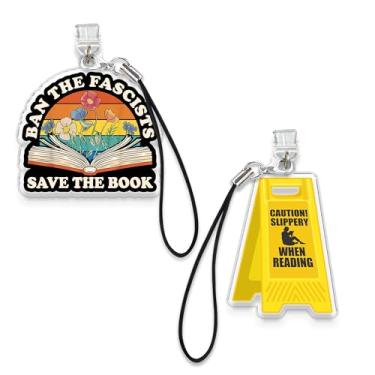 Imagem de Conjunto de 2 peças Ban The Fascists Save The Book, Caution Slippery When Reading Kindle Charms, Dust Plug Charm 1,5 polegadas Livros proibidos amantes de livros flores relâmpago/tipo C com alça