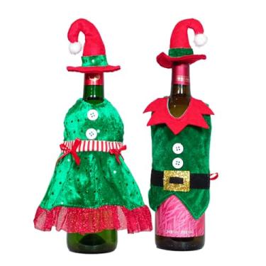 Imagem de Conjunto de 2 peças de capas de garrafa de vinho de Natal, vestido de elfo de Natal, chapéu, capa de garrafa de vinho, bolsa para Natal, festa de ano novo, férias, artigos de mesa de jantar