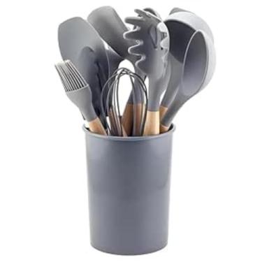 Imagem de Kit Utensílios de Cozinha 12 Peças de Silicone Cabo de Madeira com Suporte Organizador (Cinza)