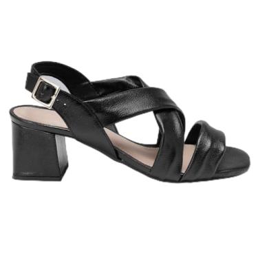 Imagem de Sandália Feminina Elegante em Salto Bloco Médio Tiras Largas Fivela Slingback Peep Toe Preta e Bege para Trabalho e Festas (Preto, BR, Adulto, Numérico, 38)