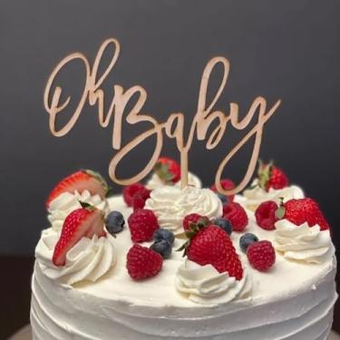 Imagem de Topo de bolo de bebê, enfeite de bolo de madeira para chá de bebê para festa de aniversário de meninos ou meninas, revelação de gênero/adereços de cabine de fotos
