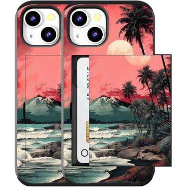 Imagem de MUQR Capa compatível com iPhone 15 com porta-cartão fofo - Design Kawaii proteção contra quedas de grau militar capa carteira robusta para mulheres (pôr do sol do mar preto)