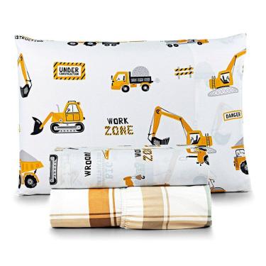 Imagem de Jogo de Cama Lençol Lutti Solteiro Infantil 200 Fios Estampado 3 Peças Trator Caminhão Branco