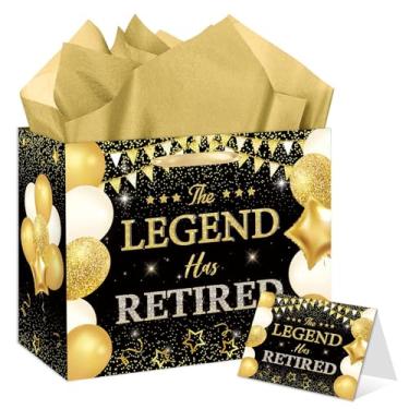 Imagem de HSKMAKE Bolsa de presente de aposentadoria em ouro preto The Legend Has Retired grande com cartão comemorativo, papel de seda dourado para mulheres, homens, colega de trabalho, despedida de despedida