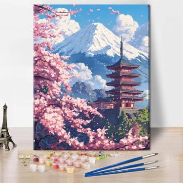 Imagem de Pintura de montanha coberta de neve sem moldura por número para iniciantes kits de pintura de flores de cerejeira por números com pincéis e tintas acrílicas tela para iniciantes pintura pagode por