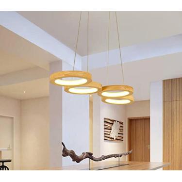 Imagem de Luminária de teto LED com luz branca quente, luminária pendente de madeira estilo japonês, design moderno de anel retangular, altura ajustável, luminária de mesa de jantar suspensa, lustre c