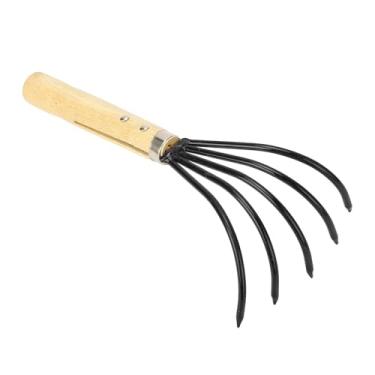 Imagem de Fockety Ancinho de mão, 5 dentes de aço, aço carbono, pequeno, ferramenta de jardim portátil com cabo de madeira ergonômico, para arar e soltar o solo (Alça curta)