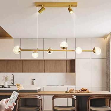 Imagem de Luminária pendente moderna dourada, lustre de luxo com luz regulável e 6 lâmpadas, 2 holofotes, luminária pendente elegante de 46 W com altura ajustável para cozinha, sala de jantar e sala d