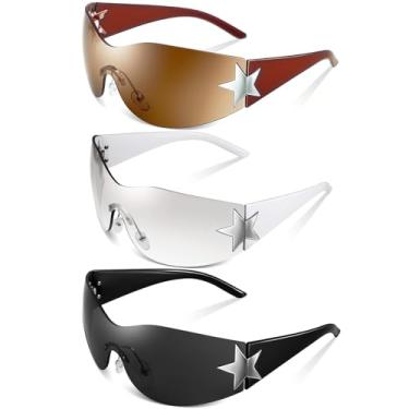 Imagem de 3 pares de óculos de sol Y2K para mulheres e homens, óculos escuros modernos envolventes, estrela sem aro, óculos grandes modernos sem moldura, Armação branca/lente prateada, armação preta/lente preta