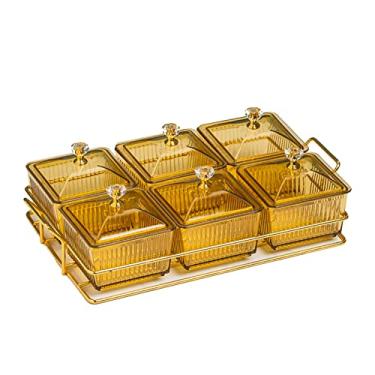 Imagem de Bandeja de tempero dividida de plástico, tigela de servir removível com tampas, bandeja de servir lanches de festa para aperitivo de frutas sobremesa doces, dourado, 6 compartimentos B