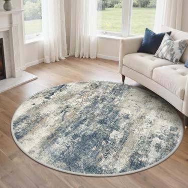Imagem de Tapetes redondos de 1,8 m para sala de estar e quarto, tapete circular abstrato moderno lavável à máquina, capa macia de pelo baixo com suporte antiderrapante para sala de jantar, azul marinho bege