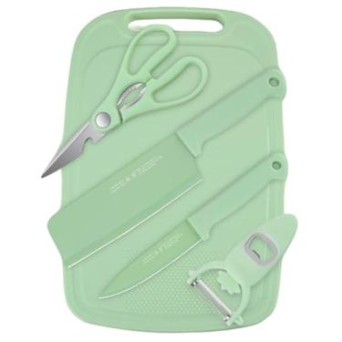 Imagem de Conjunto de mini faca e tábua de corte 5 em 1, tesoura de tábua de corte pequena para acampamento, conjunto de facas essenciais de cozinha para dormitório (verde)