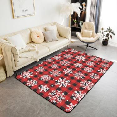 Imagem de Feelyou Tapete de Natal, 12 x 18 cm, poliéster, vermelho, preto, xadrez, sala de estar, para quarto, inverno, neve, neve, vermelho, tapete macio, antiderrapante