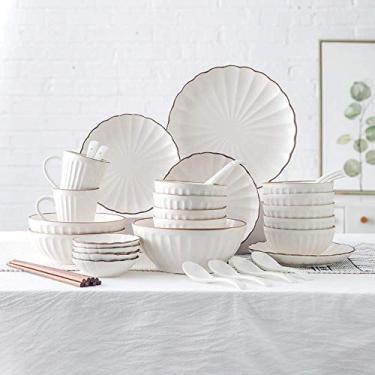 Imagem de Conjunto de jantar de cerâmica, 45 peças, design de pétalas, porcelana fosca, tigela de cereais, caneca e prato para presentes de casamento e festa de família, preto (A~branco)