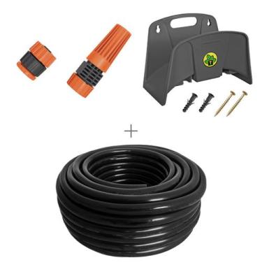 Imagem de Kit mangueira siliconada 30m para jardim preta com esguicho e engate r