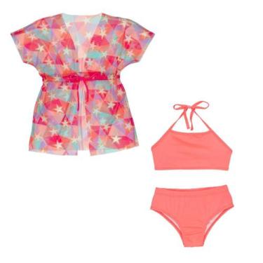 Imagem de Biquíni Liso Forrado Menina + Saída De Praia Tule Infantil - Fofotinho