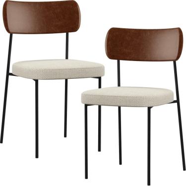 Imagem de Kit 02 Cadeiras Estofadas Para Sala De Jantar Melina L02 Couríssimo Marrom Linho Champagne - Lyam Decor