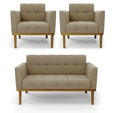 Imagem de Conjunto 2 Poltronas e 1 Namoradeira Decorativa Karen Pés Fixo em Madeira Castanho Suede Nude G19 - Gran Belo