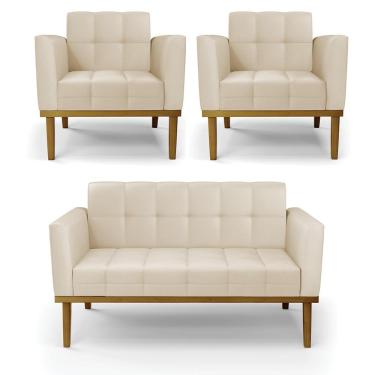 Imagem de Conjunto 2 Poltronas e 1 Namoradeira Decorativa Karen Pés Fixo em Madeira Castanho PU Bege G19 - Gran Belo
