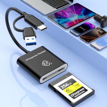Imagem de 2 em 1 USB C/USB A para leitor de cartão CFexpress tipo B, adaptador CFexpress USB 3.2 (geração 2) 10Gbps para iPhone 16/15, iPad Pro, Samsung, laptops, tablets, com Windows/Mac/Linux/Android-Plug