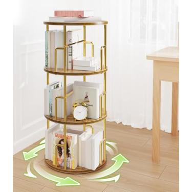 Imagem de Amzeth Estante rotativa redonda, estante giratória, torre aberta, estantes giratórias e estante de livros, prateleira de livros que economiza espaço para quarto, sala de estar, sala de aula (ouro, 3