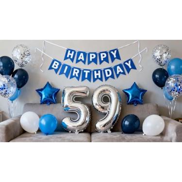 Imagem de Artigos de decoração de festa de aniversário de 59 anos, faixa de feliz aniversário, número 59, balões de folha de estrela, prata, azul, branco, 59º balões de látex, decoração para homens e mulheres